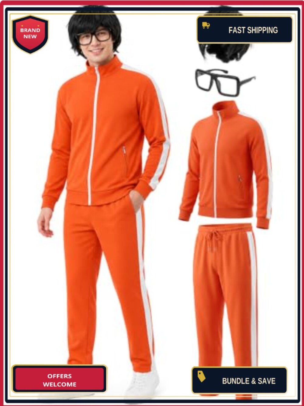 Men's Halloween Tracksuit Costume Set with Wig & Glasses